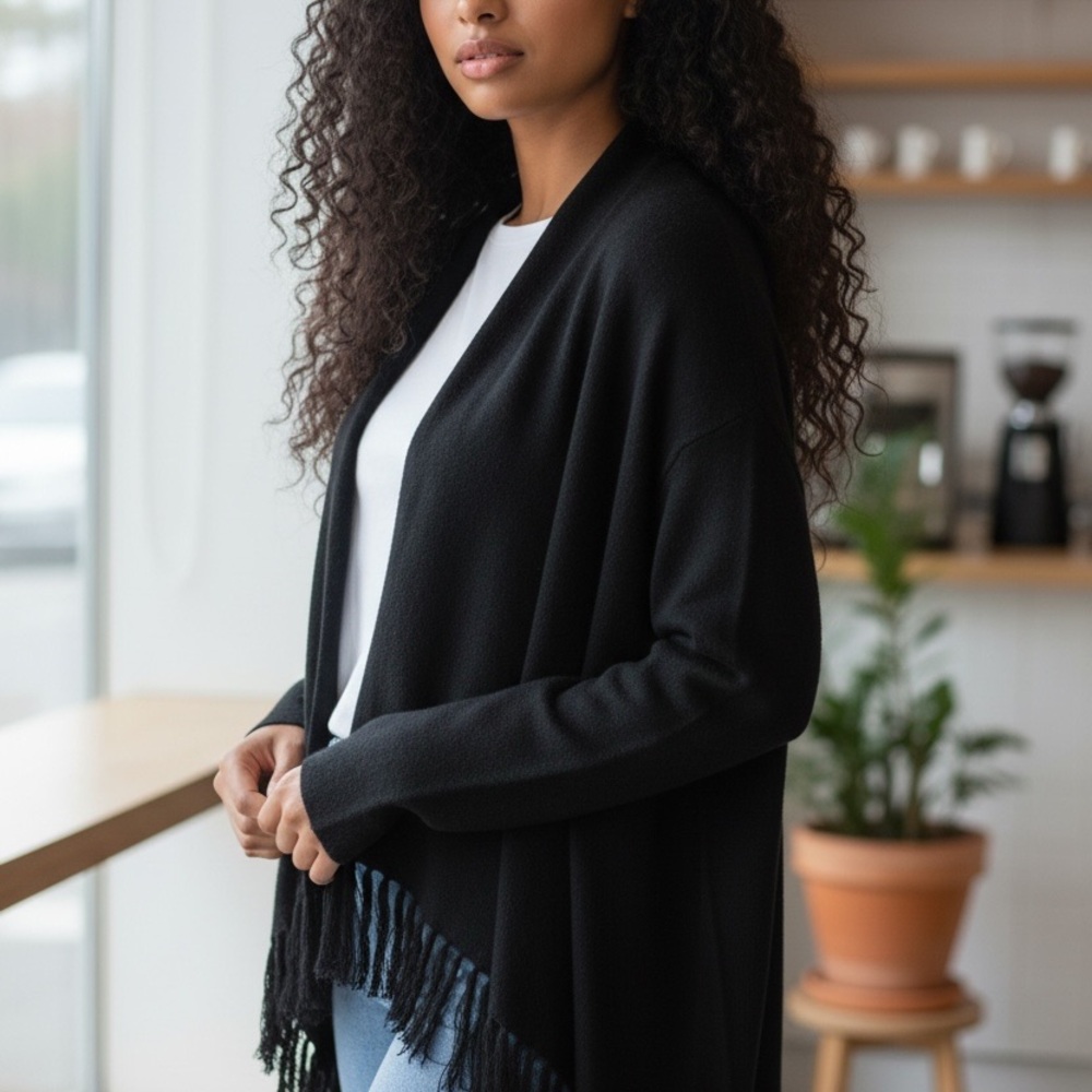 Coldwater Creek Black Women's Cardigan with Tassel Fringe and Asymmetrical Look